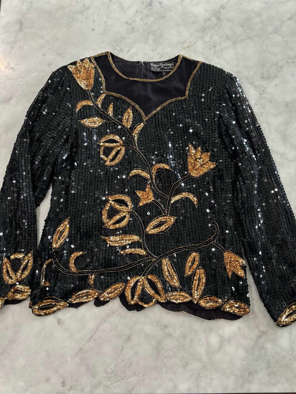 ⚡️Royal Feelings Vintage Black Sequin Top with Gold Floral Embroidery